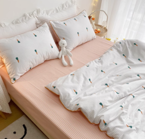 One Turnover Basket Happy Warm Pastoral Style Pure Cotton Four-piece Set Cute Bunny Dormitory (Option: Cherry Spike-1.2MThree Pieces)