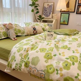 Washed Cotton Bed Sheet Quilt Cover Four-piece Set (Option: Maui Wowee Green B-Quilt Cover 180x220)